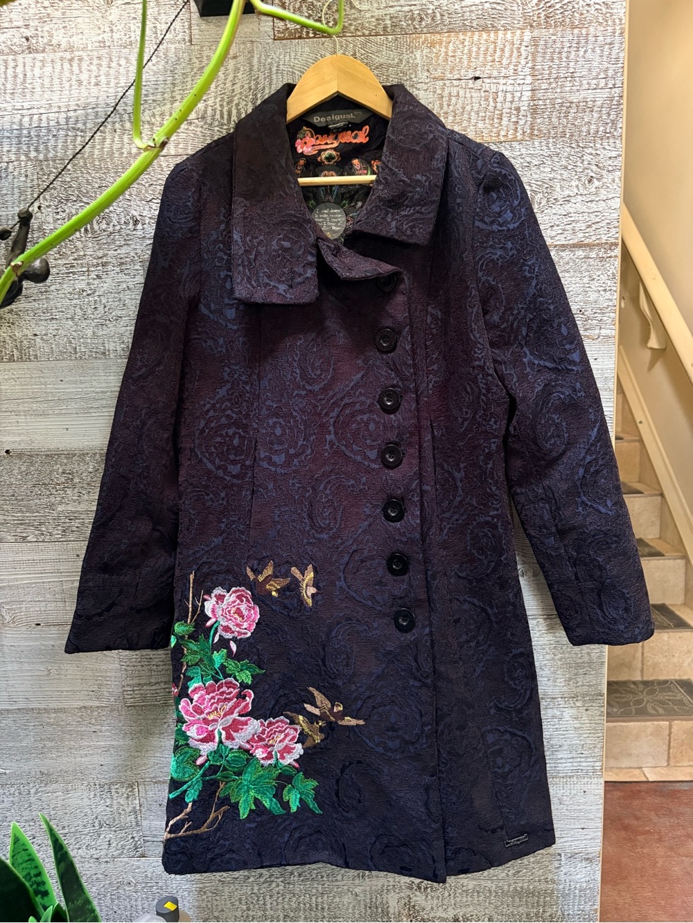 Desigual | "Dream" Long Floral Embroidered Jacquard Coat - Women 44/M, Navy/Blk